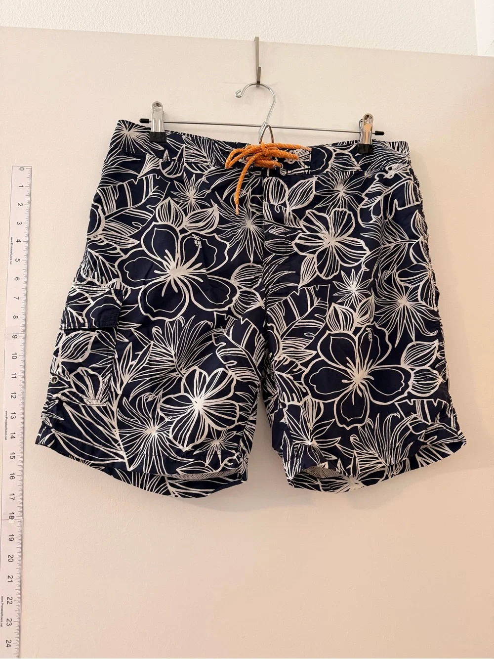 J. Crew Navy and White Floral Board Shorts with Orange Drawstring
